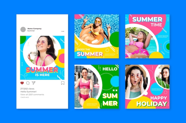 Flat summer instagram posts collection with photo