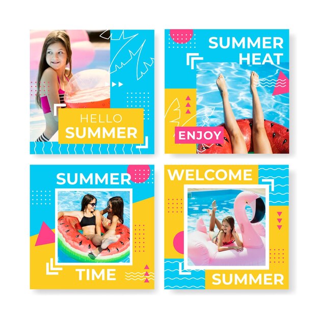 Flat summer instagram posts collection with photo