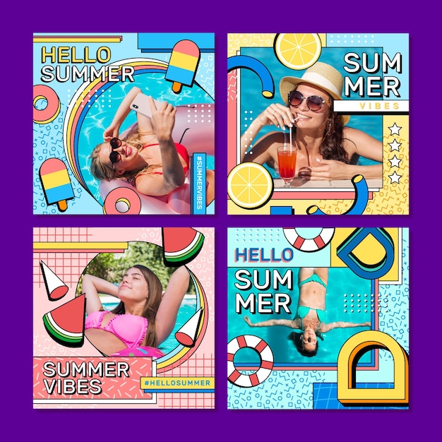 Free vector flat summer instagram posts collection with photo