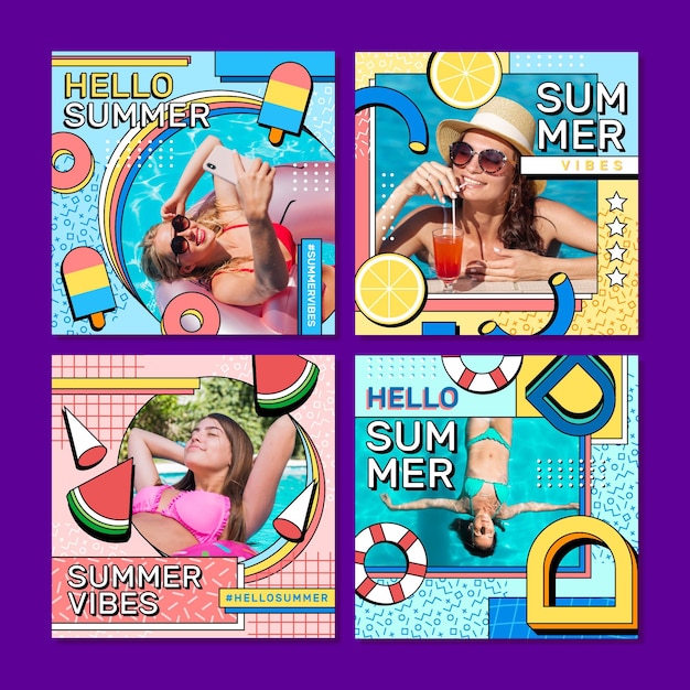 Flat summer instagram posts collection with photo