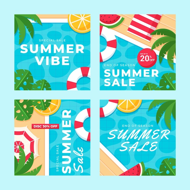 Free vector flat summer instagram posts collection