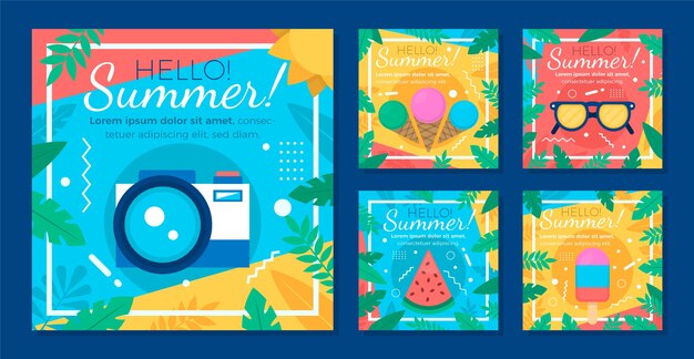 Free vector flat summer instagram posts collection