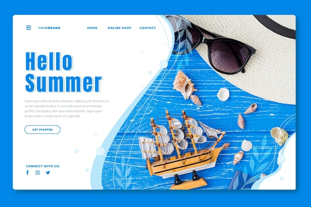 Free vector flat summer landing page template with photo