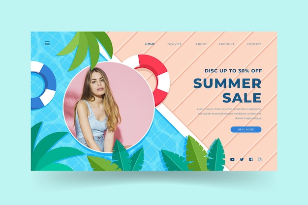 Free vector flat summer landing page template with photo