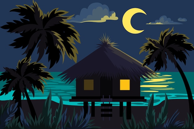 비치 하우스와 평면 여름 밤 그림