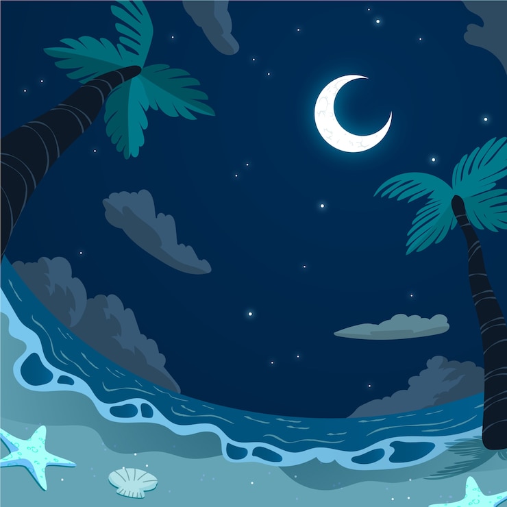 無料Vector ビーチビューと月の平らな夏の夜のイラスト