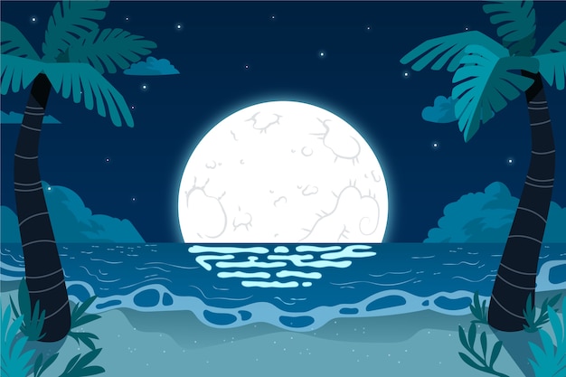 Illustrazione piatta di notte d'estate con vista sulla spiaggia e luna