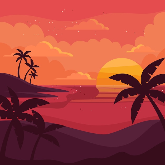 Плоская летняя ночная иллюстрация с видом на пляж