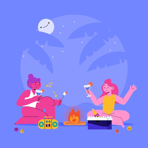 マシュマロを焙煎する人々とフラットな夏の夜のイラスト