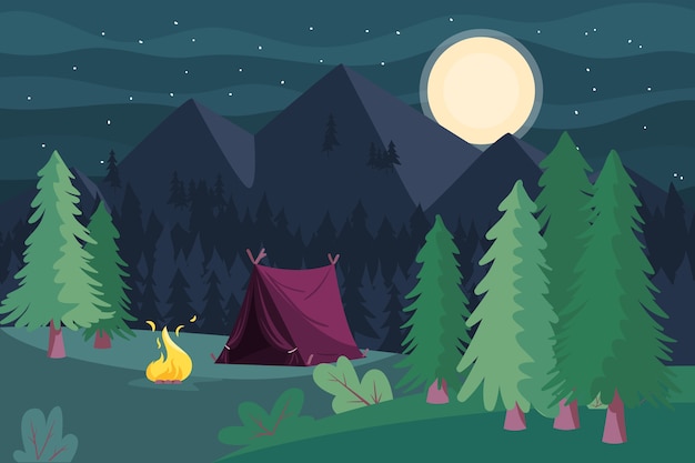 Flat summer night illustration with tent and mountains