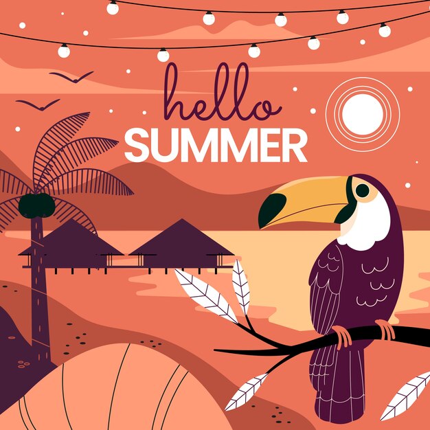 Flat summer night illustration with toucan