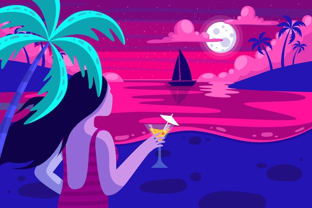 Vettore gratuito illustrazione piatta notte d'estate con donna che beve un cocktail sulla spiaggia