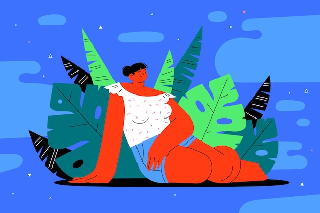 Flat summer night illustration with woman and leaves