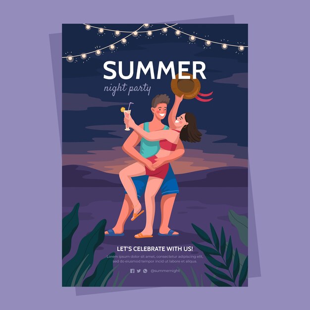 Flat summer night party poster template with couple dancing on beach