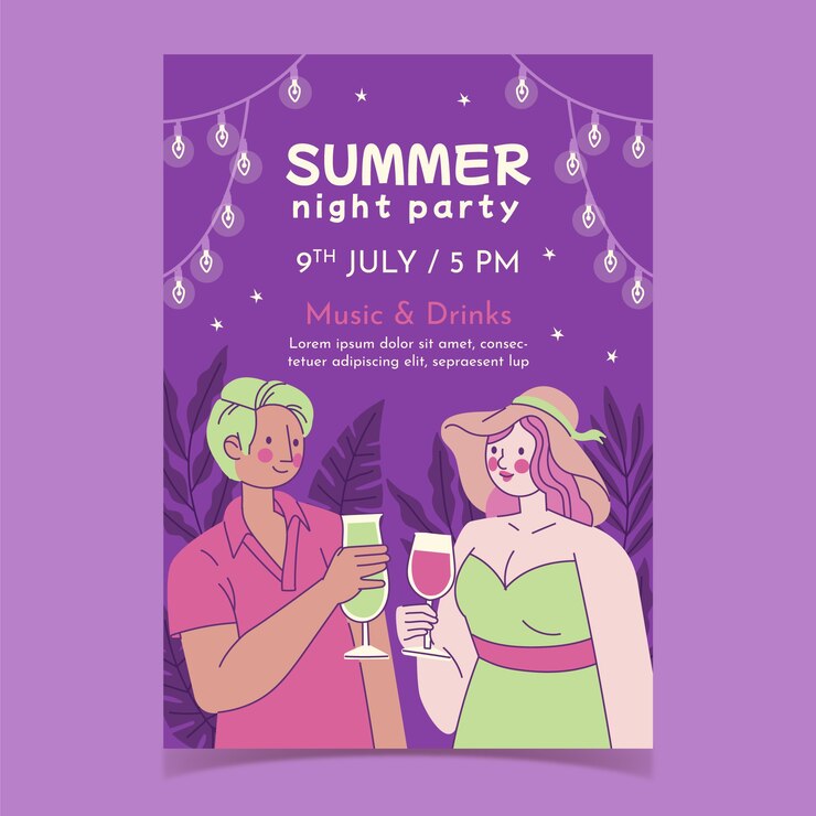 Free Vector flat summer night party poster template with couple having cocktails