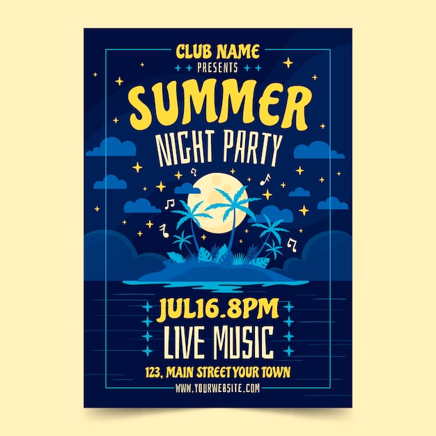 Vettore gratuito modello di poster per feste notturne estive piatte con luna e palme