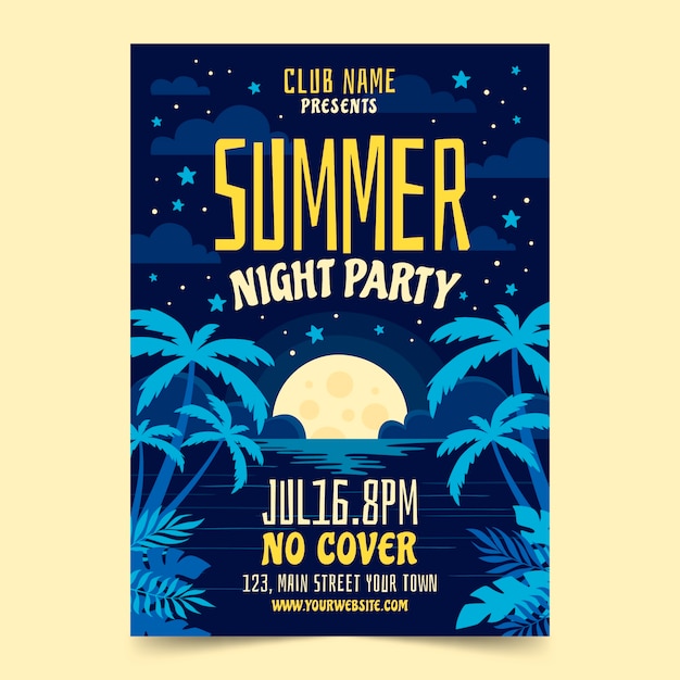 Free vector flat summer night party poster template with moon and palm trees