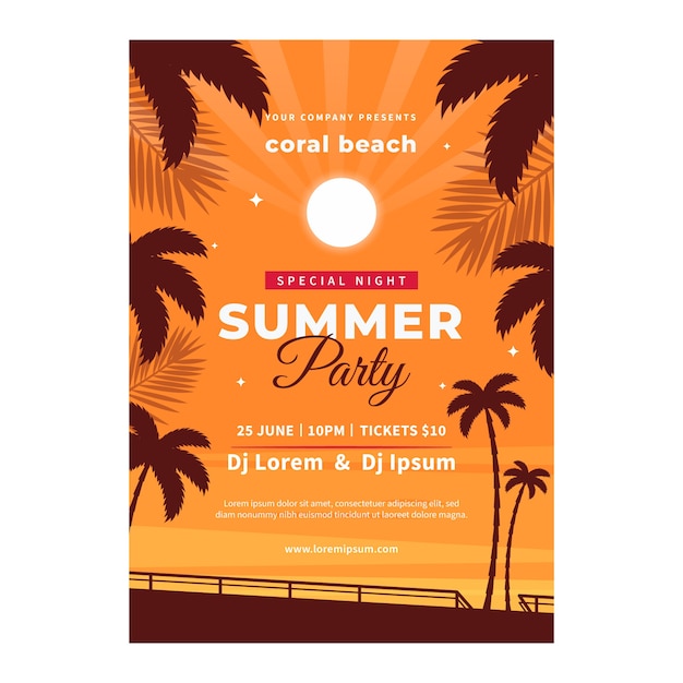 Free vector flat summer night party poster template with palm trees