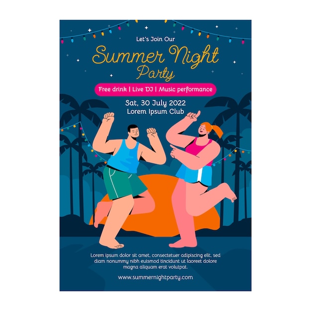 Free vector flat summer night party poster template with people dancing