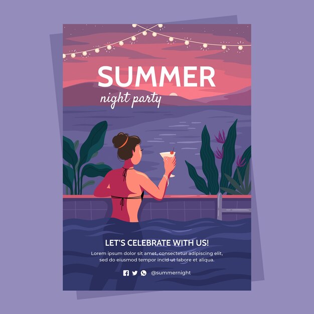 Flat summer night party poster template with woman having cocktail at pool