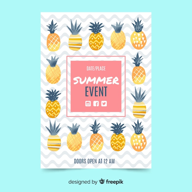 Бесплатное векторное изображение Плоская летняя вечеринка постер ананасы