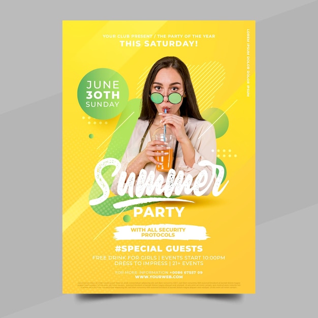 Free vector flat summer party poster template with photo