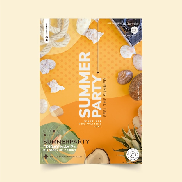 Flat summer party poster template with photo