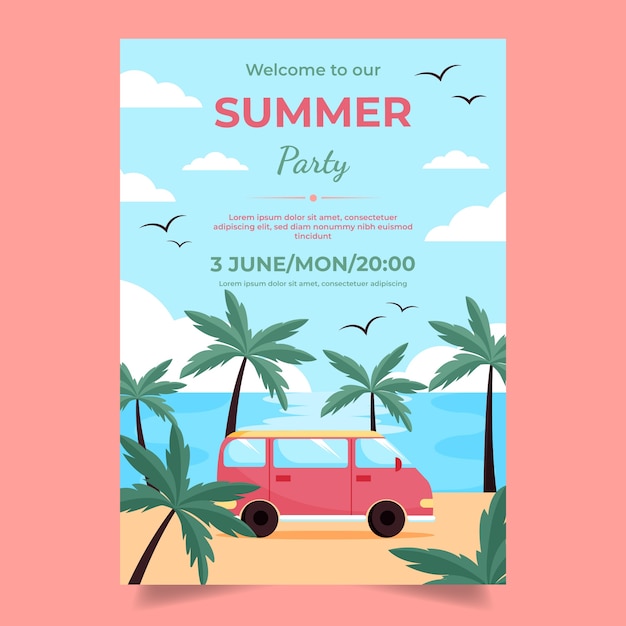 Free vector flat summer party vertical flyer template with van on beach