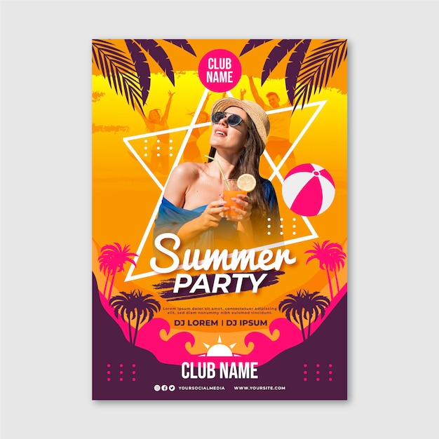 Flat summer party vertical poster template with photo