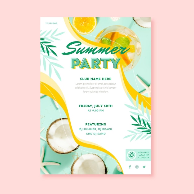 Flat summer party vertical poster template with photo