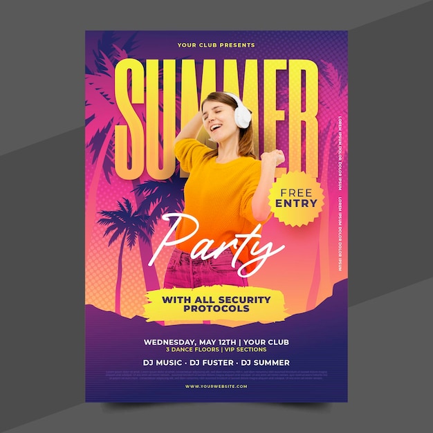 Flat summer party vertical poster template with photo