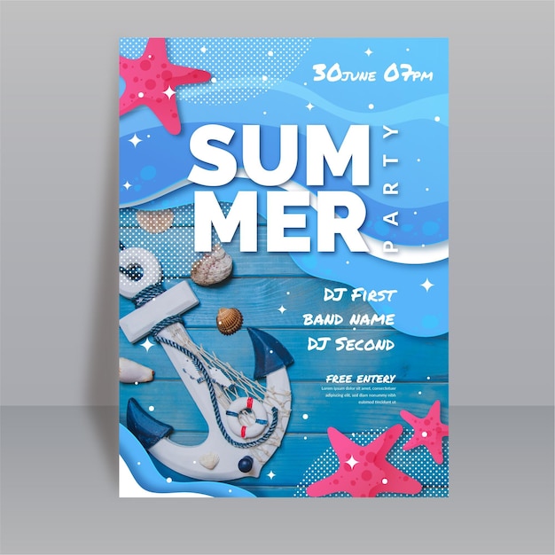 Free vector flat summer party vertical poster template with photo