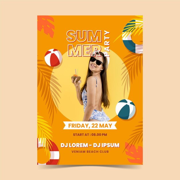 Flat summer party vertical poster template with photo