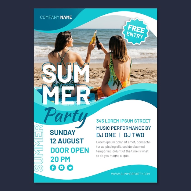 Free vector flat summer party vertical poster template with photo