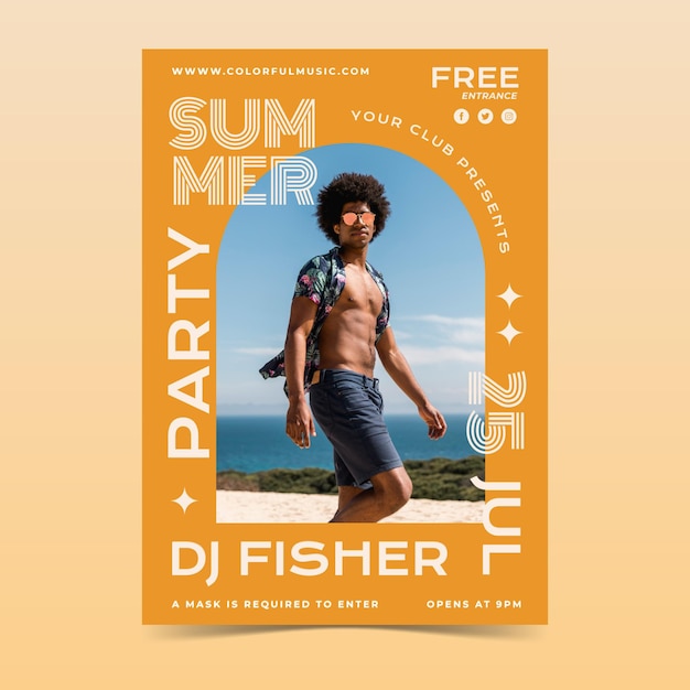 Free vector flat summer party vertical poster template with photo