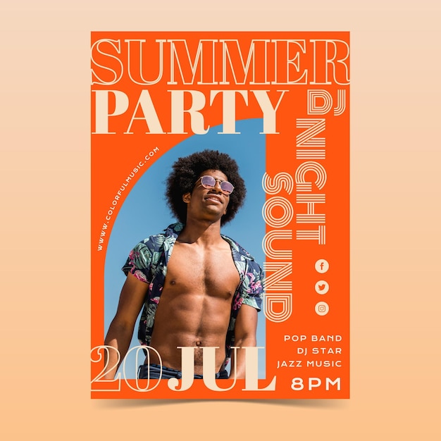 Free vector flat summer party vertical poster template with photo