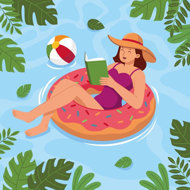 Illustrazione di libri di lettura estiva piatta con foglie e donna in piscina