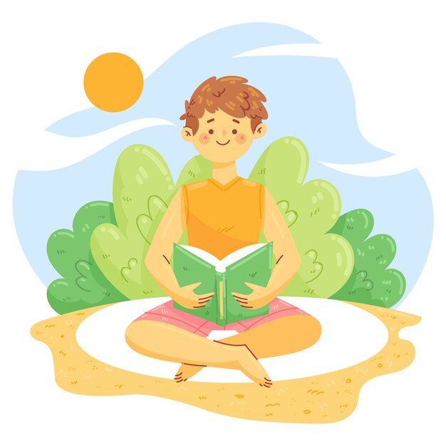 Плоская летняя иллюстрация книг для чтения с мужчиной на пляже