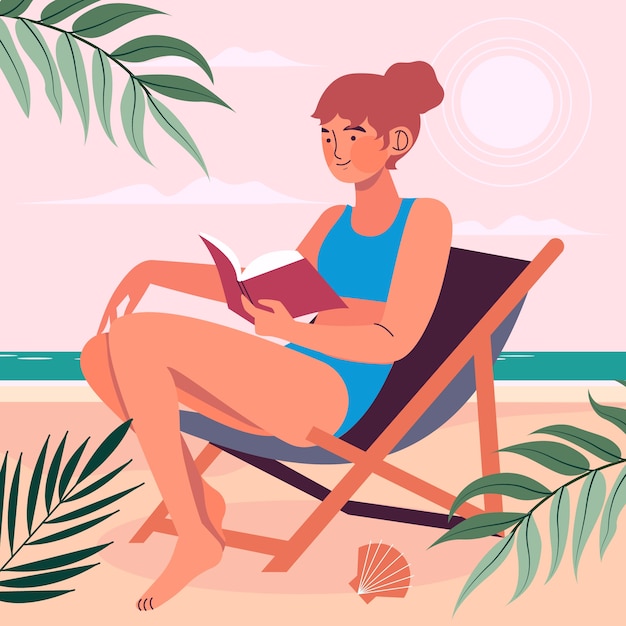 Flat summer reading books illustration with woman on beach chair and leaves