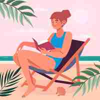 Free vector flat summer reading books illustration with woman on beach chair and leaves