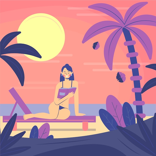 日没時の女性のビーチチェアとフラットな夏の読書本のイラスト