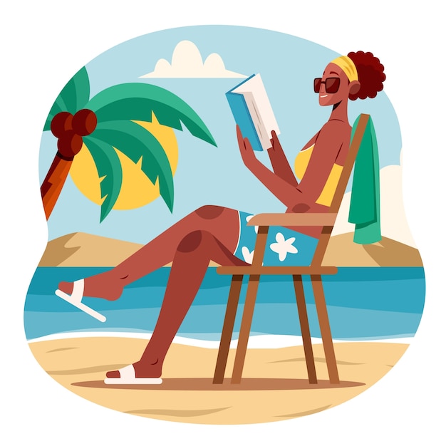 해변 의자에 여자와 평평한 여름 독서 책 그림