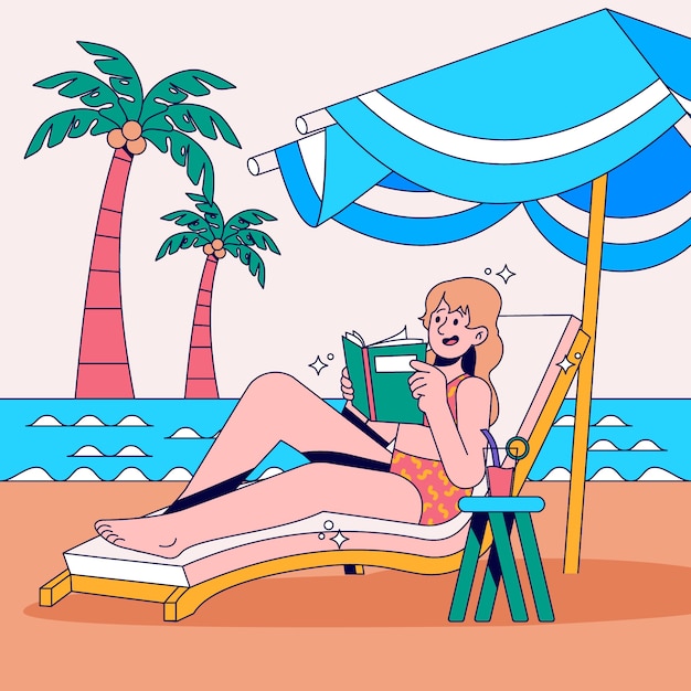 해변과 우산에서 여자와 평평한 여름 독서 책 그림