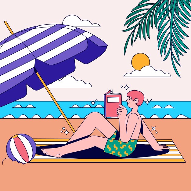Flat summer reading books illustration with woman at the beach and umbrella