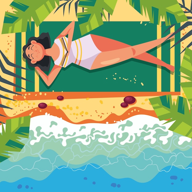 Плоская летняя иллюстрация книг для чтения с женщиной на пляже