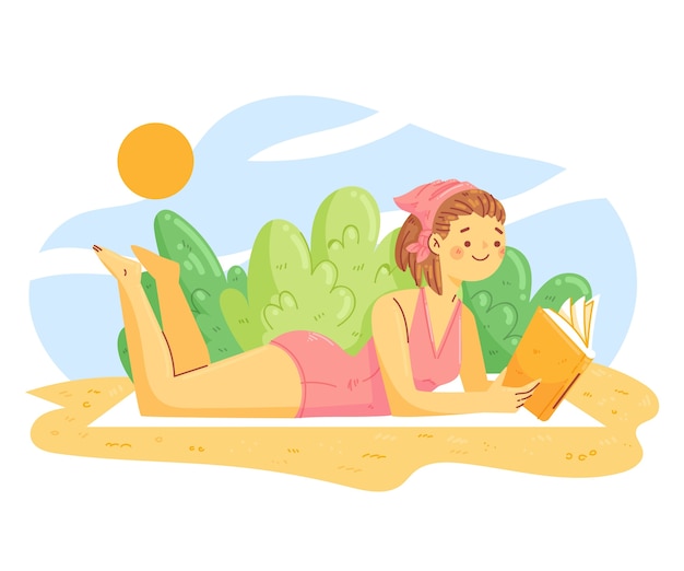 Flat summer reading books illustration with woman on beach