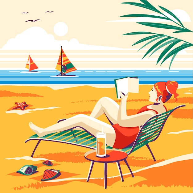 Flat summer reading books illustration with woman on the beach