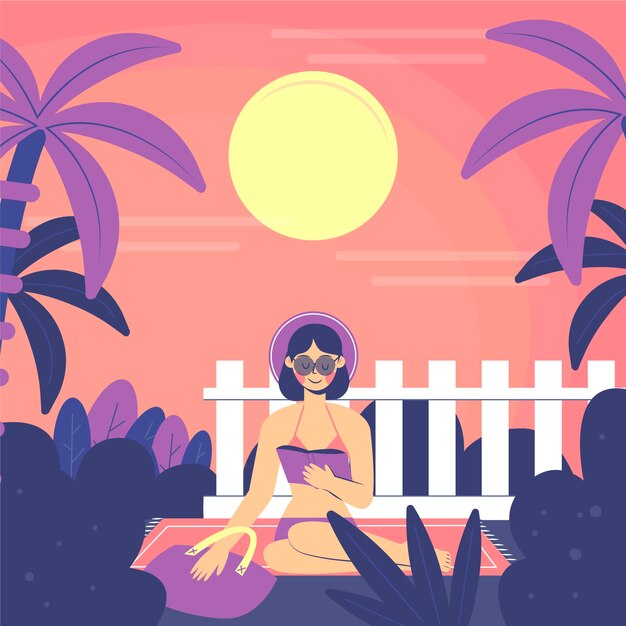 Flat summer reading books illustration with woman on towel at sunset
