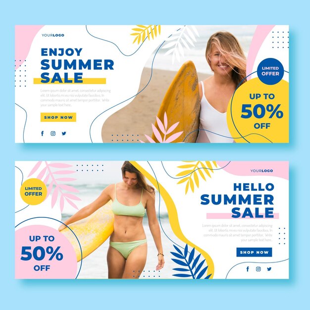 Free vector flat summer sale banner template with photo