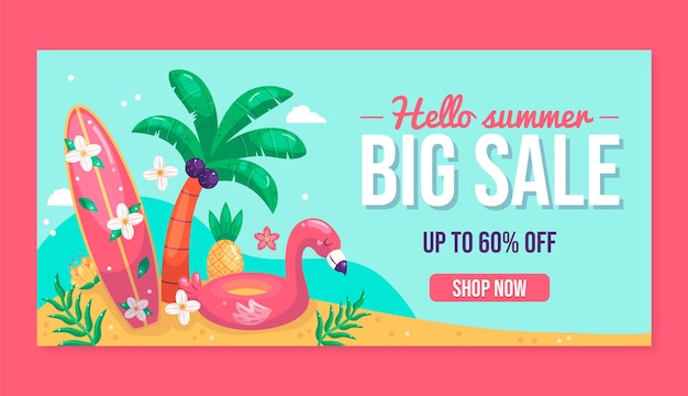 Flat summer sale horizontal banner template with flamingo and surfboard